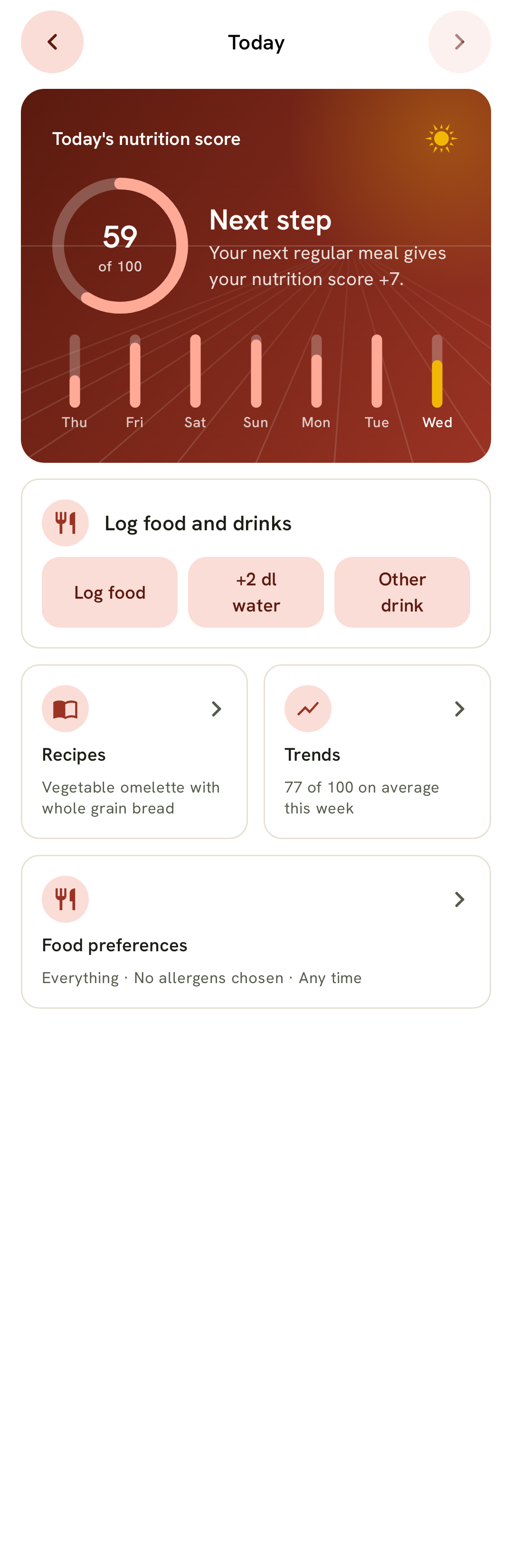 The Food tab: today's food score, meals and water