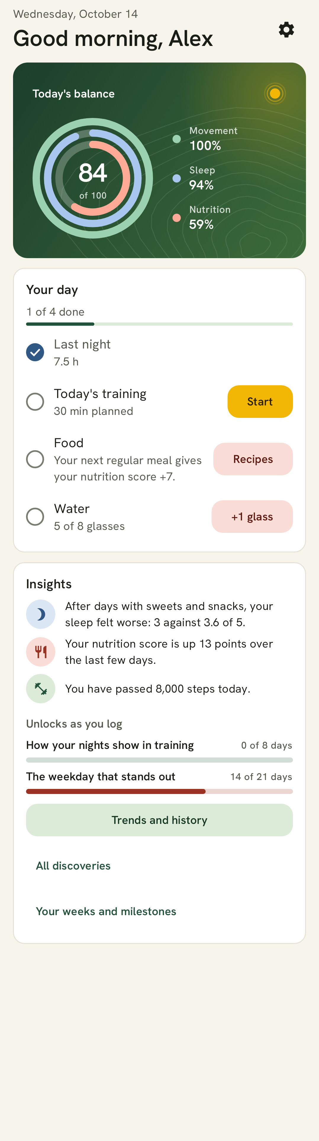 Novila's Today screen: today's balance, your day and insights